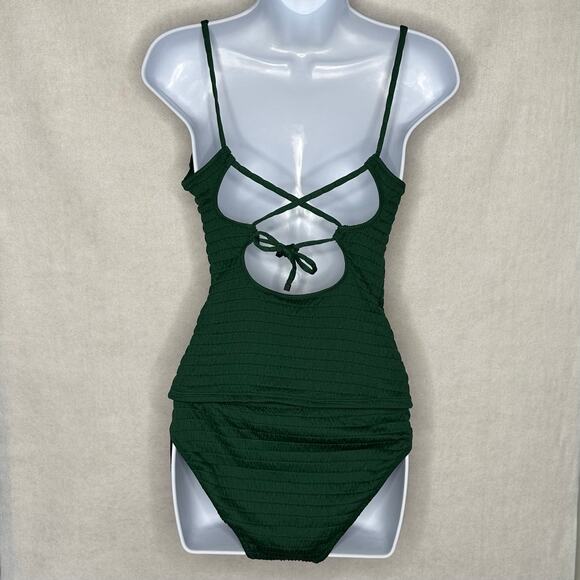 NWT Bar III Pucker Up Textured Crisscross Tankini Bikini Set Fiji Foliage–Size S - Picture 6 of 11
